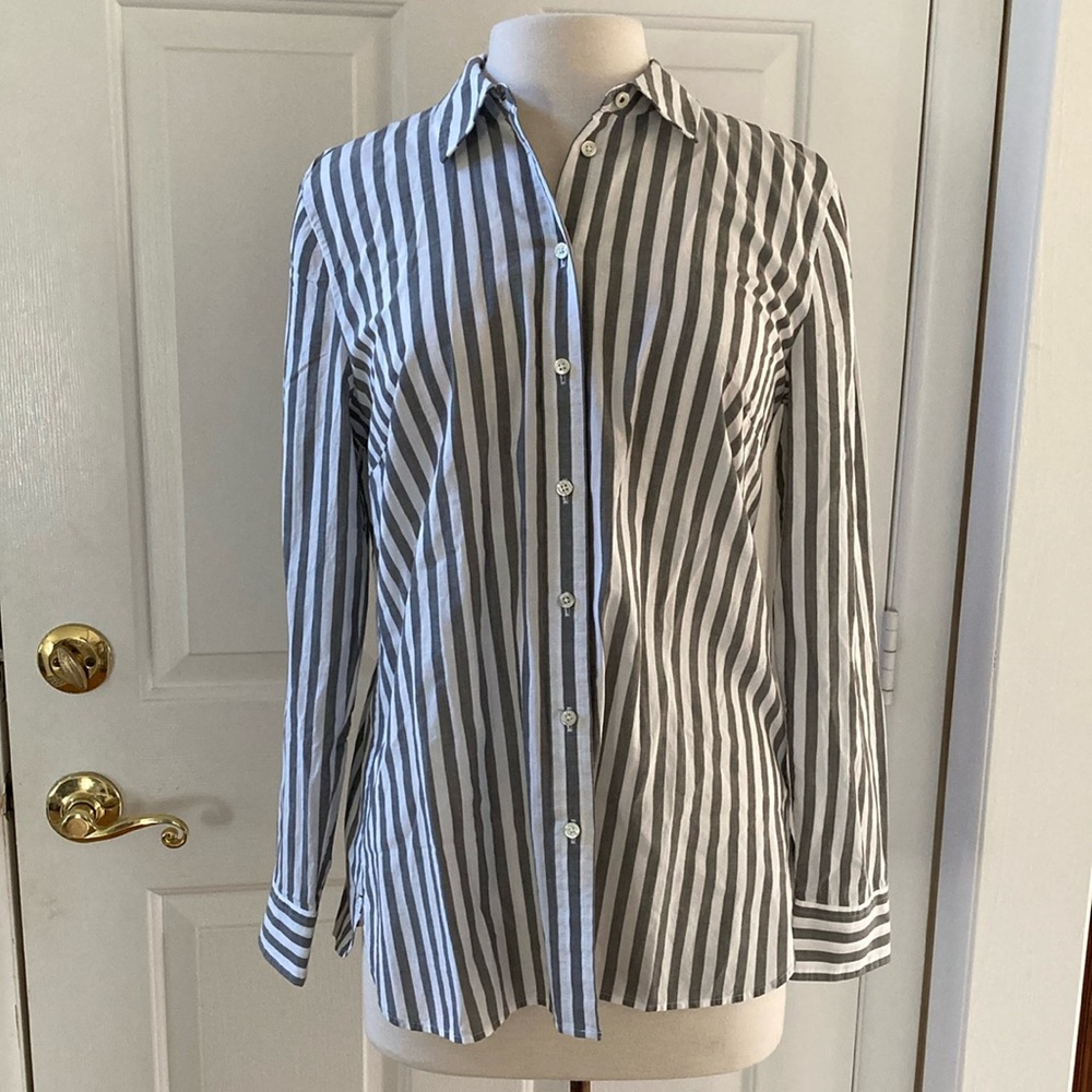 NWT Talbots Olive & White Striped cotton Button Down Shirt